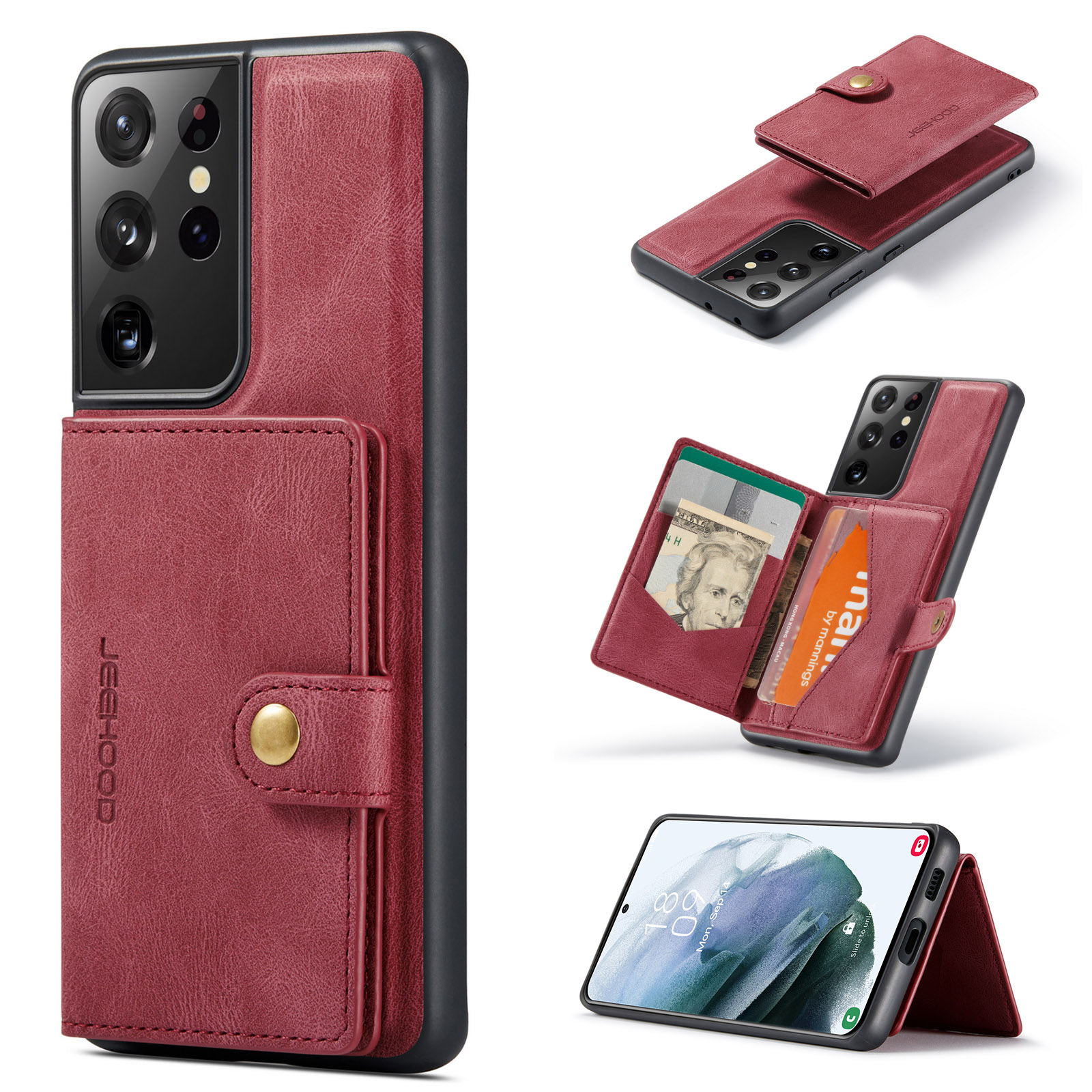 JEEHOOD For Samsung Galaxy S21 Ultra 5G Case J01 Retro Leather Phone Back Cover with Detachable Magnetic Card Holder - Red