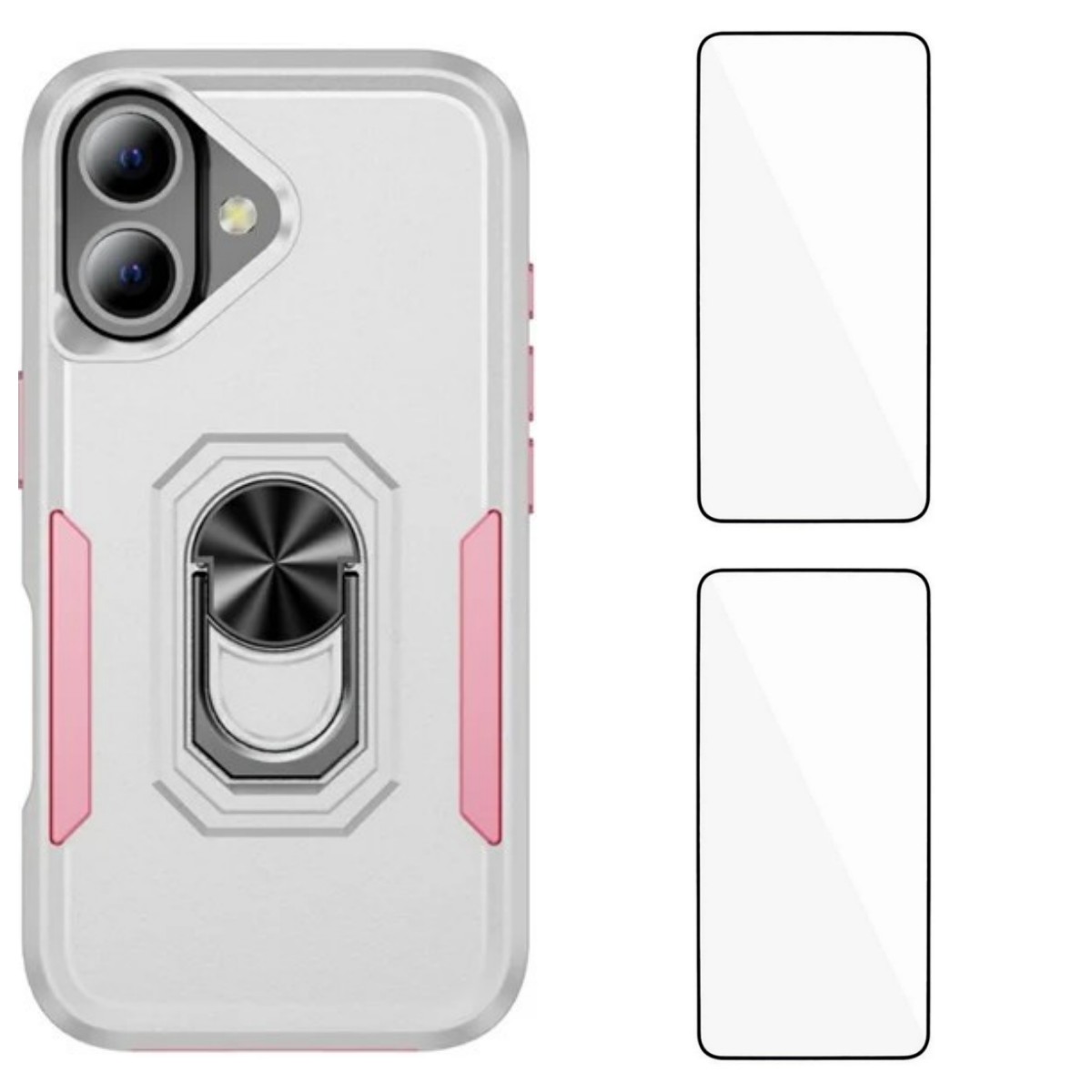 For iPhone 17 Case with 2Pcs Tempered Glass WANLONFENG KT Series PC TPU Kickstand Phone Cover - White