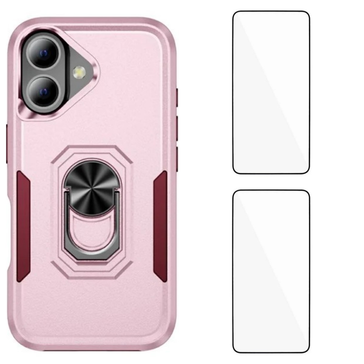 For iPhone 17 Case with 2Pcs Tempered Glass WANLONFENG KT Series PC TPU Kickstand Phone Cover - Pink