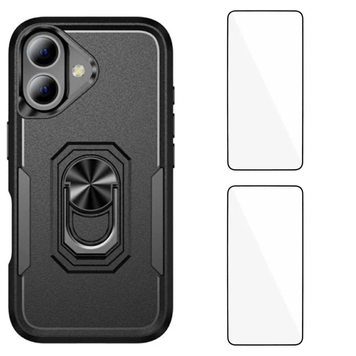 For iPhone 17 Case with 2Pcs Tempered Glass WANLONFENG KT Series PC TPU Kickstand Phone Cover - Black