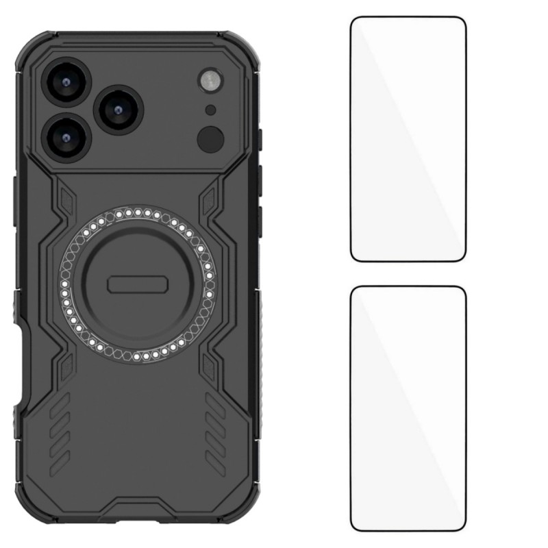 For iPhone 17 Pro Magnetic Case WANLONFENG DJ Series PC TPU Phone Cover with 2Pcs Tempered Glass Film - Black