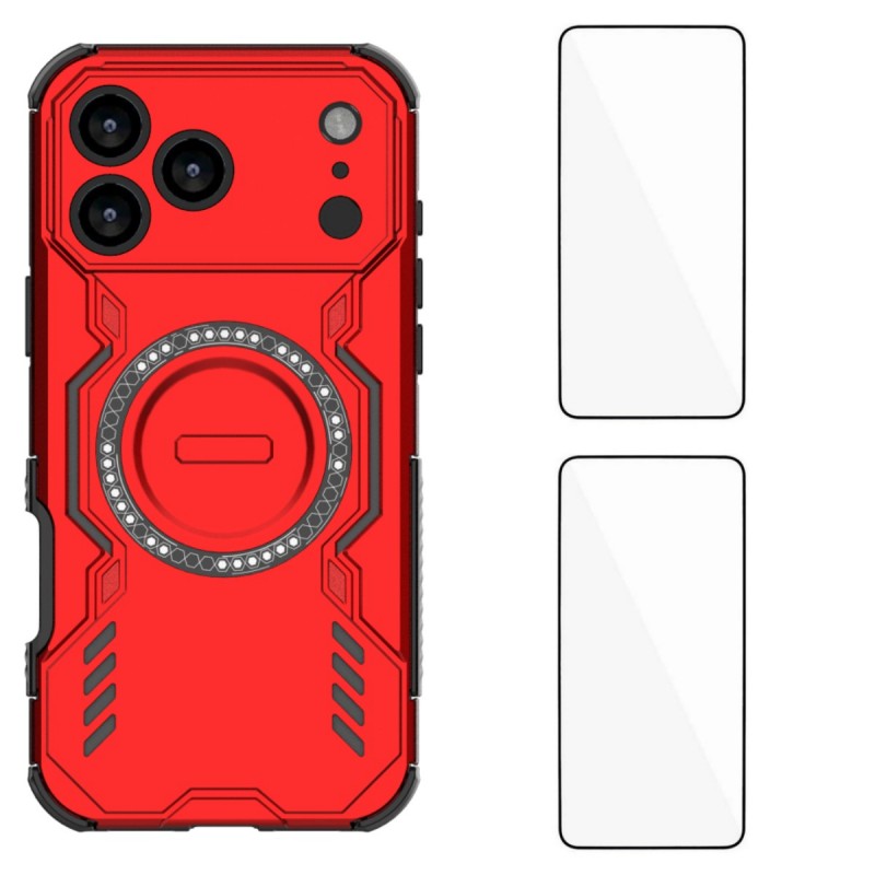For iPhone 17 Pro Max Magnetic Case WANLONFENG DJ Series PC TPU Phone Cover with 2Pcs Tempered Glass Film - Red