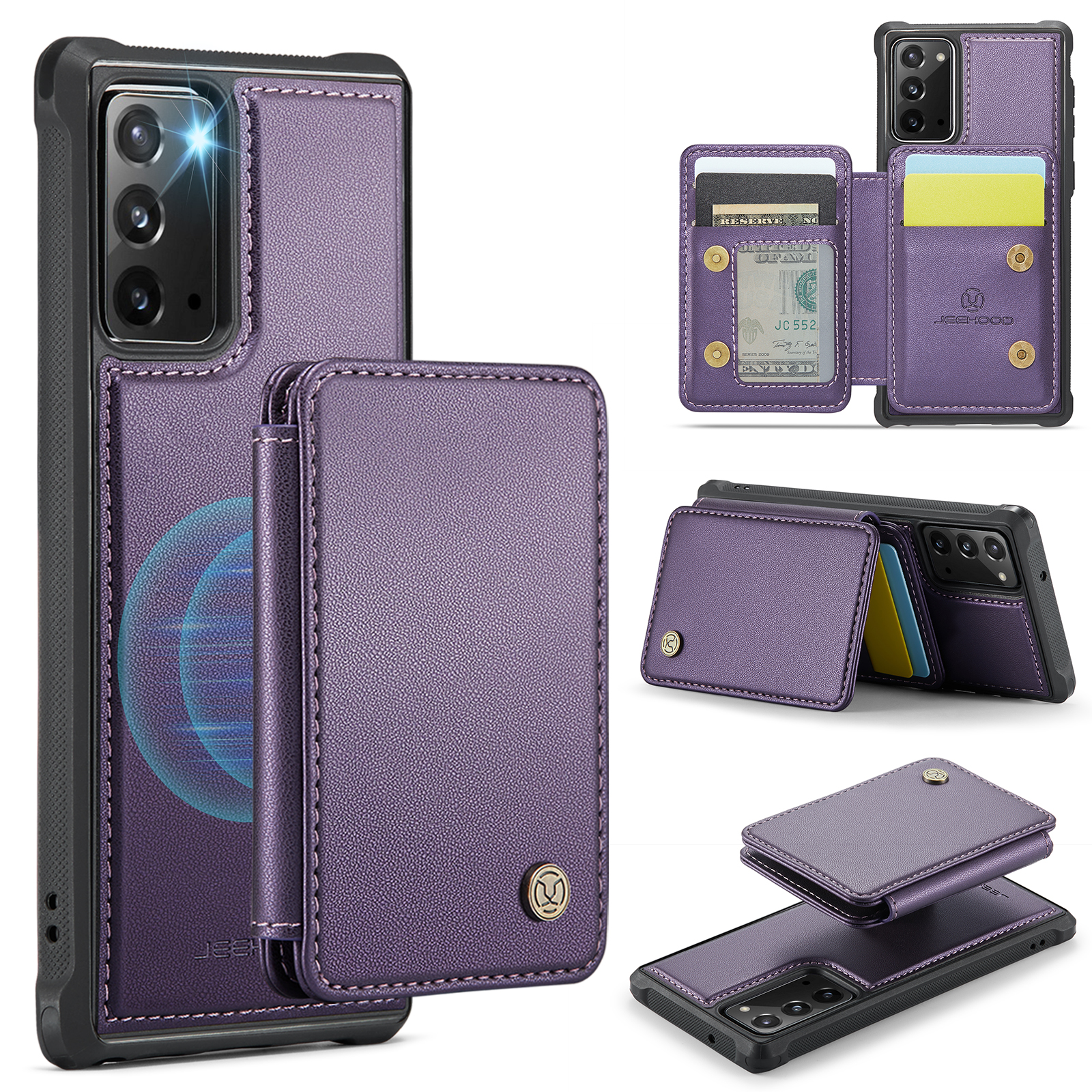 JEEHOOD For Samsung Galaxy Note20 Case  J05 Leather Mobile Cover with Detachable Magnetic Card Bag - Purple