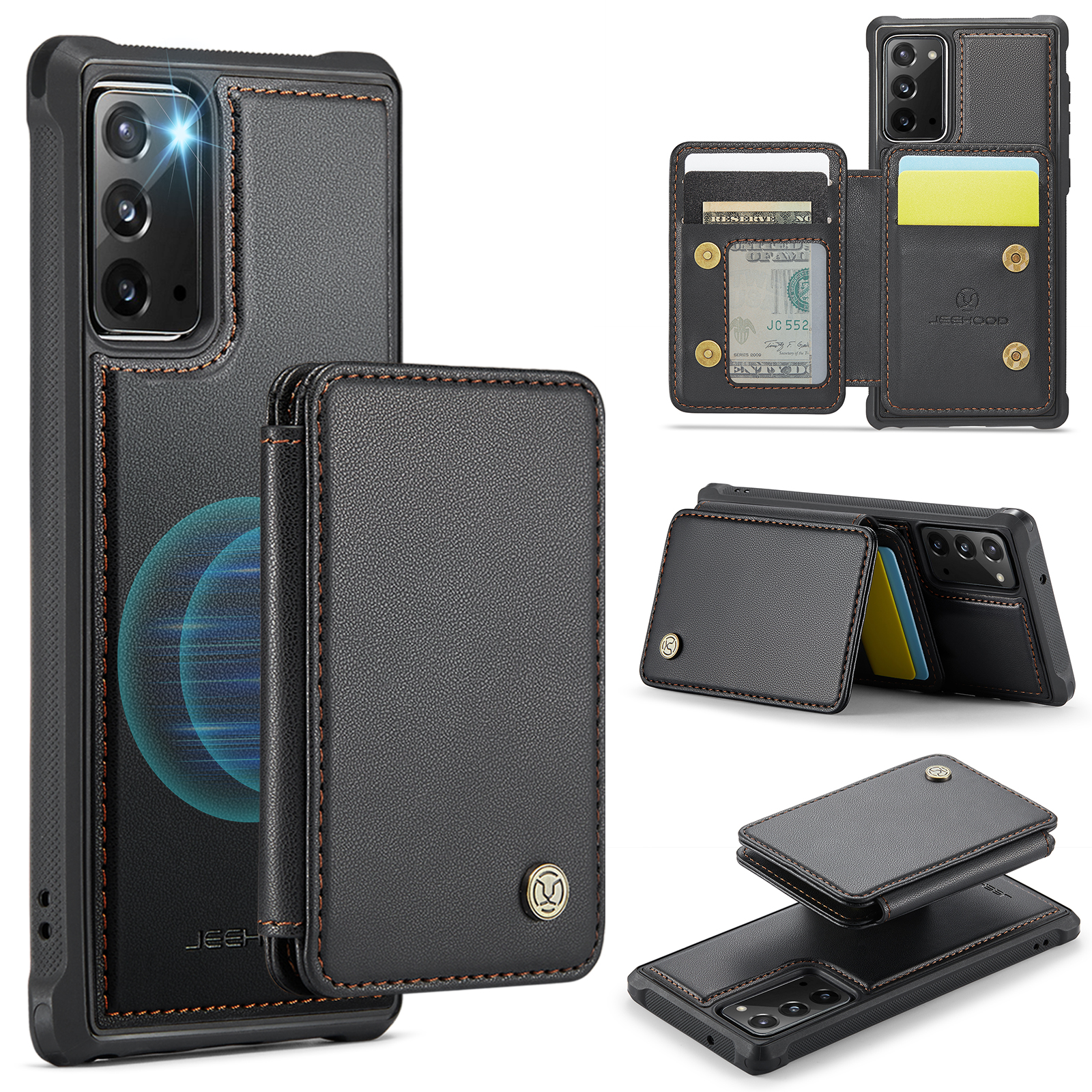 JEEHOOD For Samsung Galaxy Note20 Case  J05 Leather Mobile Cover with Detachable Magnetic Card Bag - Black