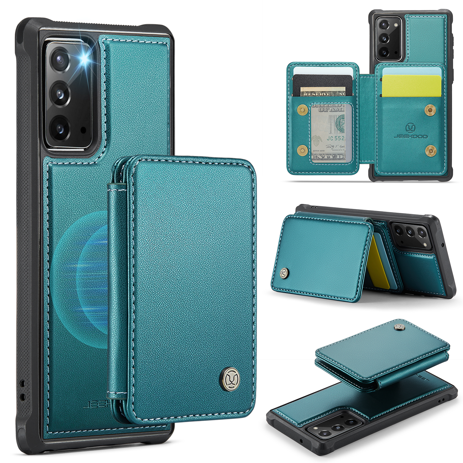 JEEHOOD For Samsung Galaxy Note20 Case J05 Leather Mobile Cover with Detachable Magnetic Card Bag - Blue