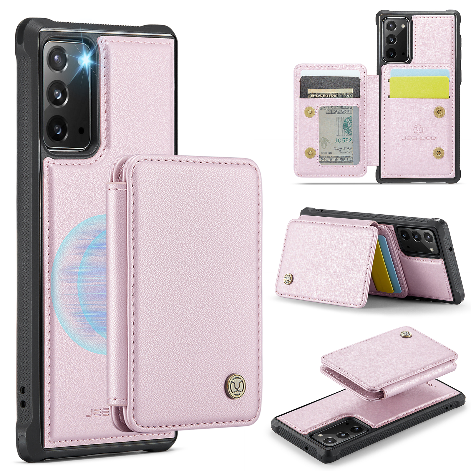 JEEHOOD For Samsung Galaxy Note20 Case  J05 Leather Mobile Cover with Detachable Magnetic Card Bag - Pink