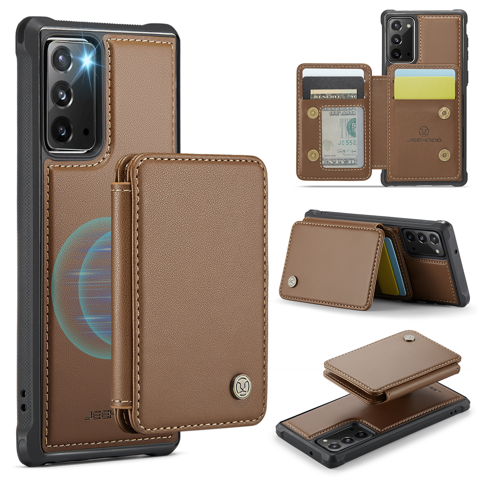 JEEHOOD For Samsung Galaxy Note20 Case  J05 Leather Mobile Cover with Detachable Magnetic Card Bag - Brown
