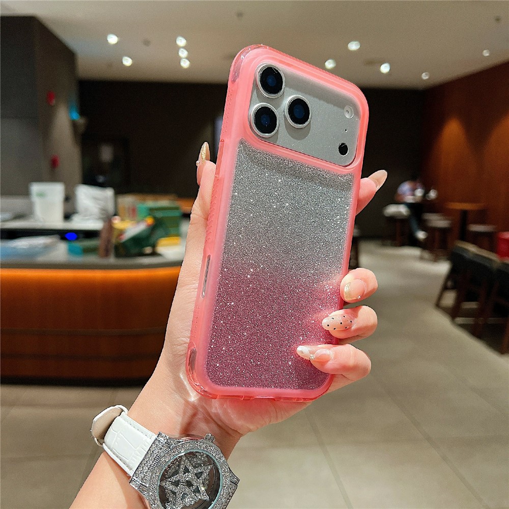 For iPhone 17 Pro Max Case Shockproof TPU + PC Clear Phone Back Cover with Glitter Card - Pink