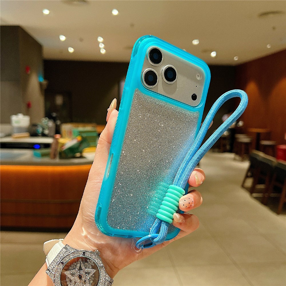For iPhone 17 Pro Case Shockproof TPU + PC Clear Phone Back Cover with Glitter Card  /  Wrist Strap - Blue