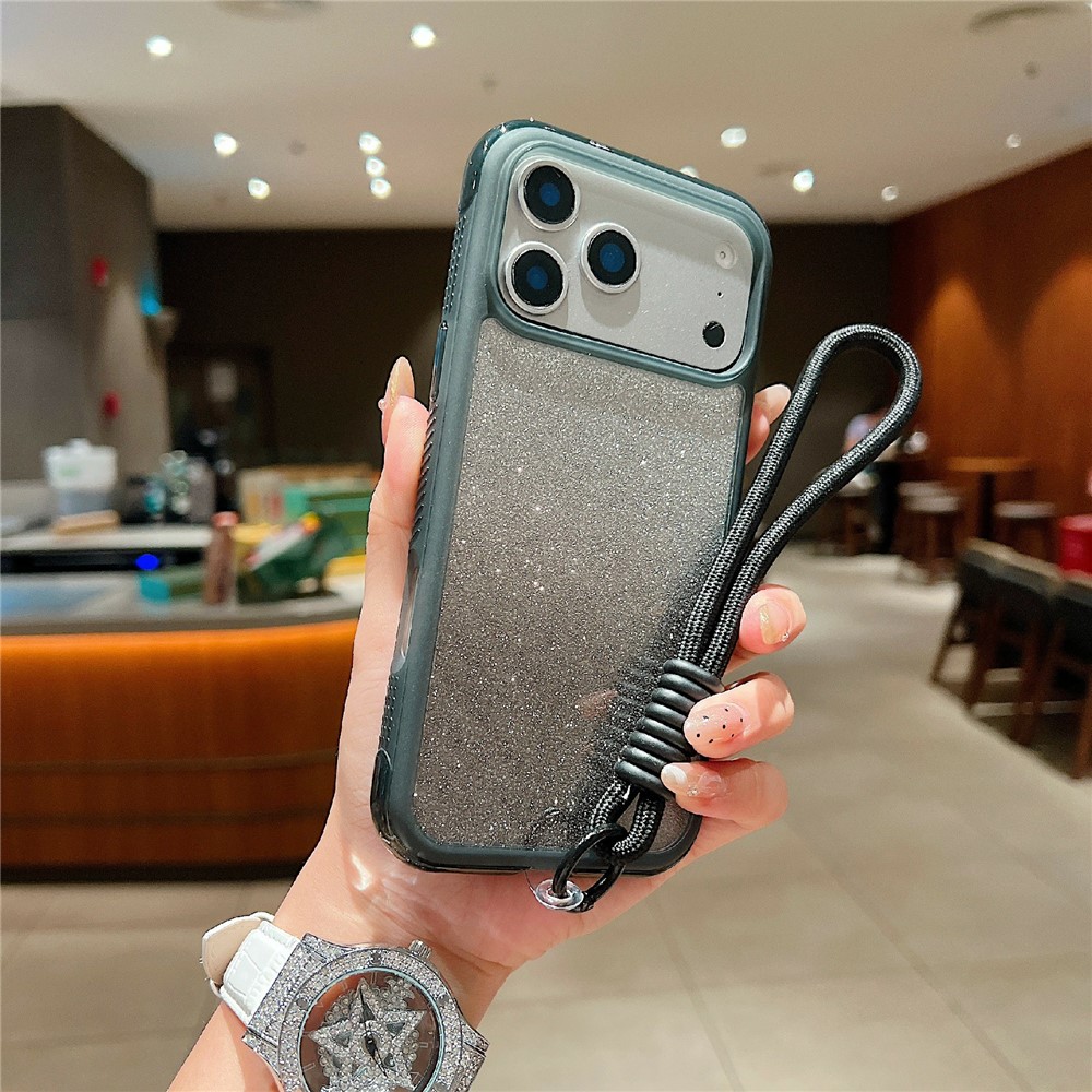 For iPhone 17 Pro Case Shockproof TPU + PC Clear Phone Back Cover with Glitter Card  /  Wrist Strap - Black