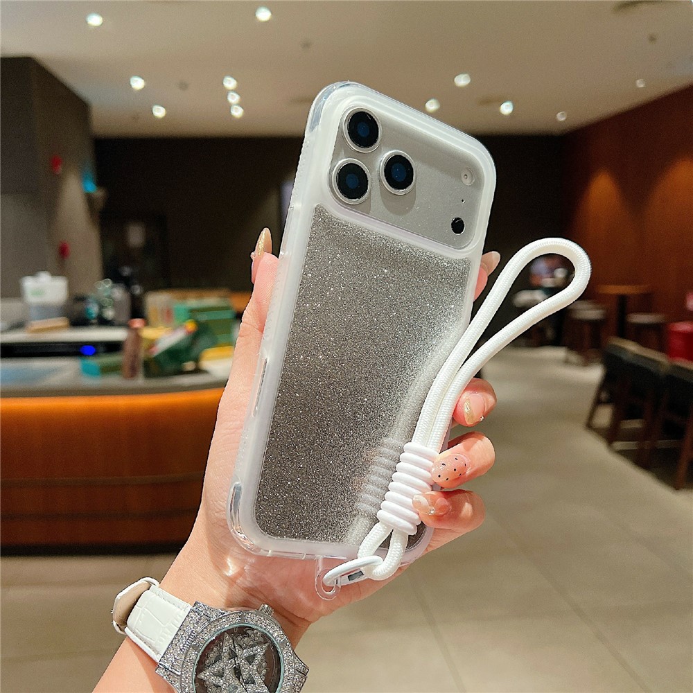 For iPhone 17 Pro Case Shockproof TPU + PC Clear Phone Back Cover with Glitter Card  /  Wrist Strap - Transparent