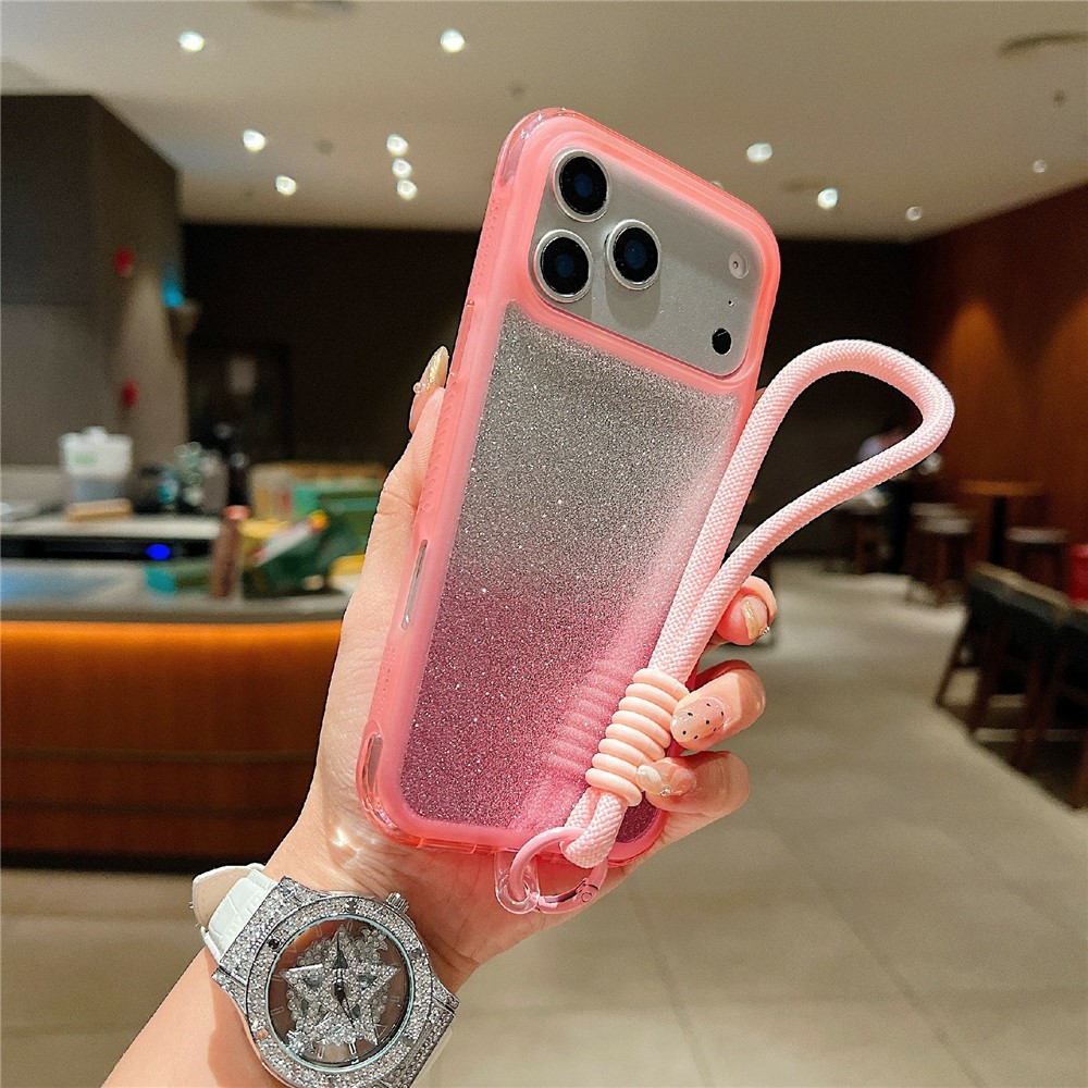 For iPhone 17 Pro Max Case Shockproof TPU + PC Clear Phone Back Cover with Glitter Card  /  Wrist Strap - Pink