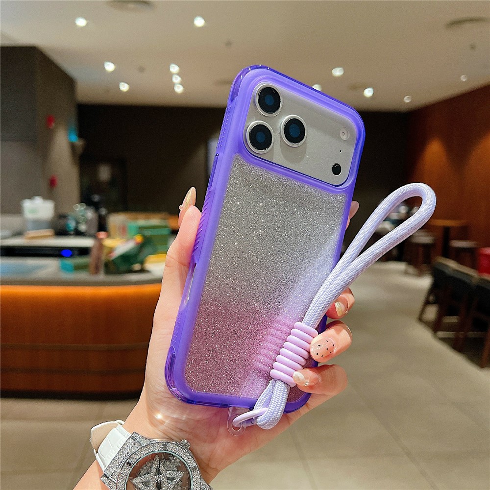 For iPhone 17 Pro Max Case Shockproof TPU + PC Clear Phone Back Cover with Glitter Card  /  Wrist Strap - Purple