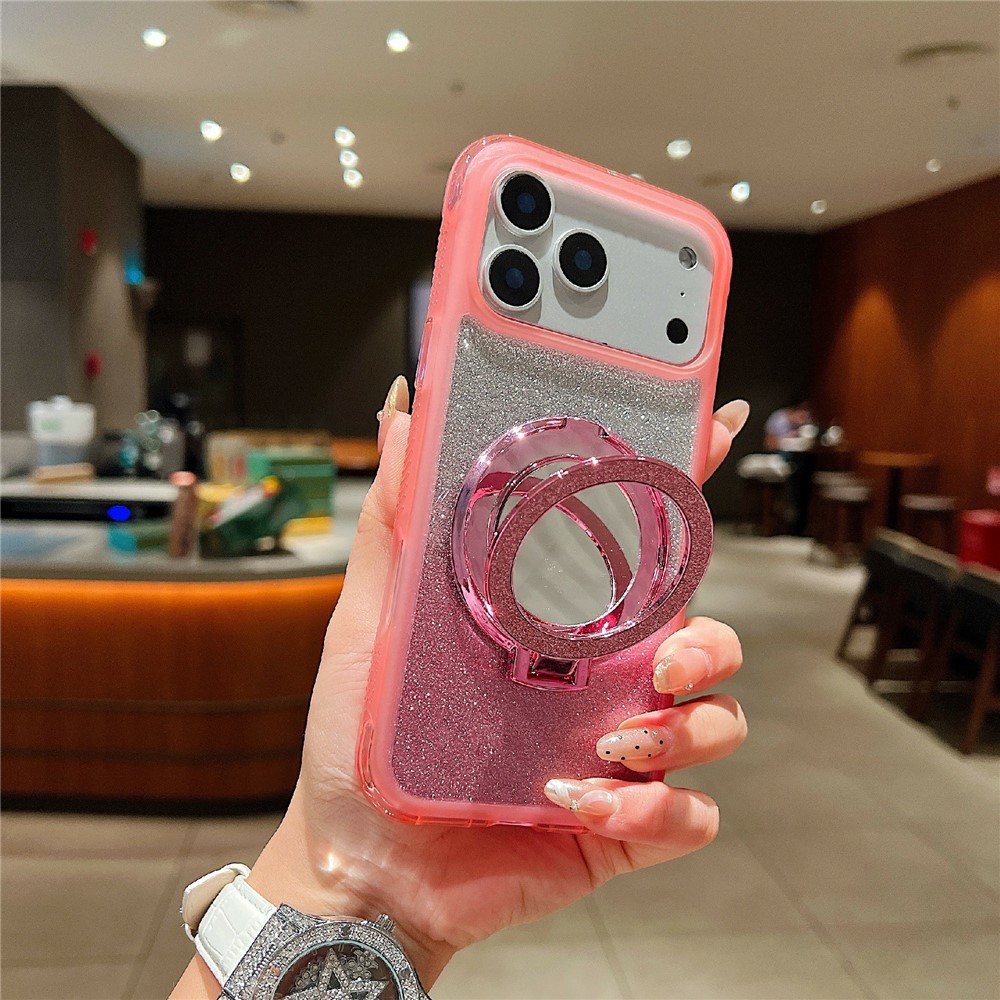 For iPhone 17 Pro Magnetic Case Shockproof TPU + PC Phone Back Cover with Glitter Card  /  Mirror Kickstand - Pink