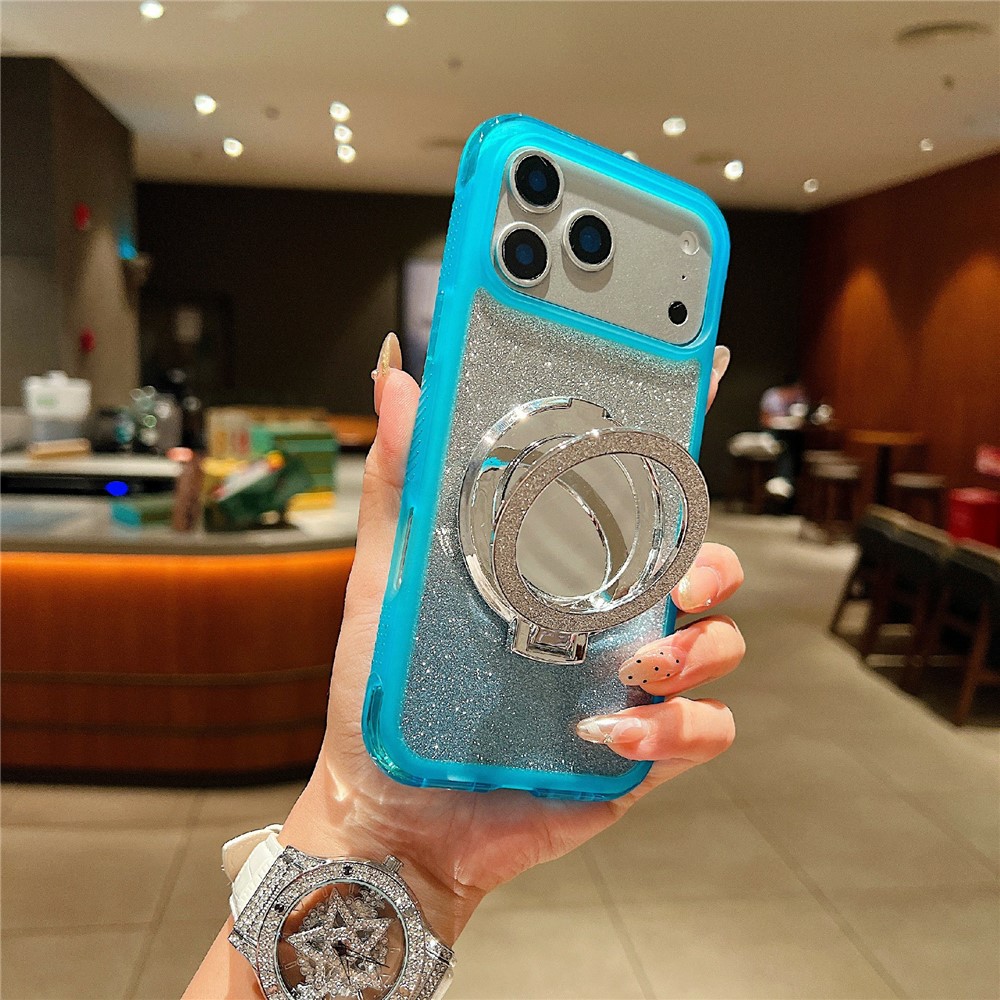 For iPhone 17 Pro Max Magnetic Case Shockproof TPU + PC Phone Back Cover with Glitter Card  /  Mirror Kickstand - Blue
