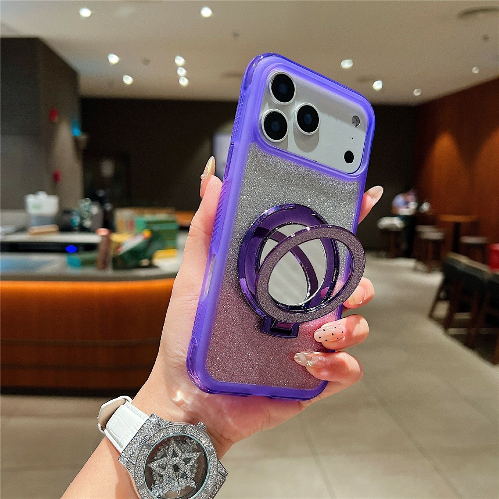 For iPhone 17 Pro Max Magnetic Case Shockproof TPU + PC Phone Back Cover with Glitter Card  /  Mirror Kickstand - Purple
