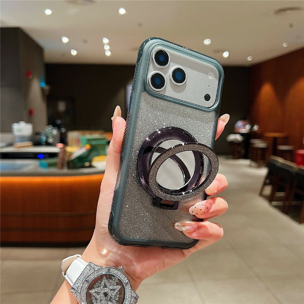 For iPhone 17 Pro Max Magnetic Case Shockproof TPU + PC Phone Back Cover with Glitter Card  /  Mirror Kickstand - Black