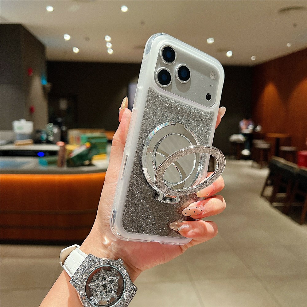 For iPhone 17 Pro Max Magnetic Case Shockproof TPU + PC Phone Back Cover with Glitter Card  /  Mirror Kickstand - Transparent
