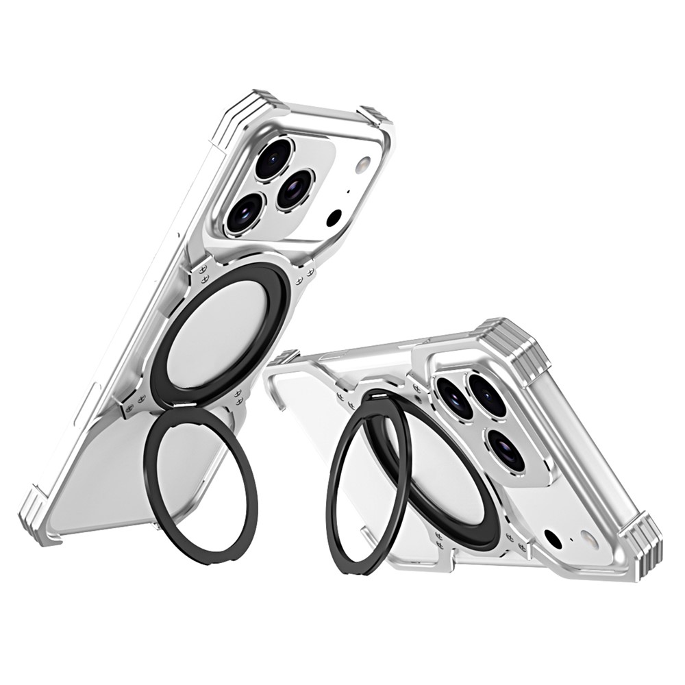 For iPhone 17 Pro Case Kickstand Metal Bumper Magnetic Phone Cover - Silver  /  Silver