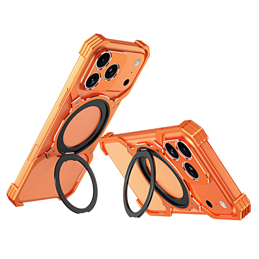 For iPhone 17 Pro Max Case Kickstand Metal Bumper Magnetic Phone Cover - Orange  /  Silver