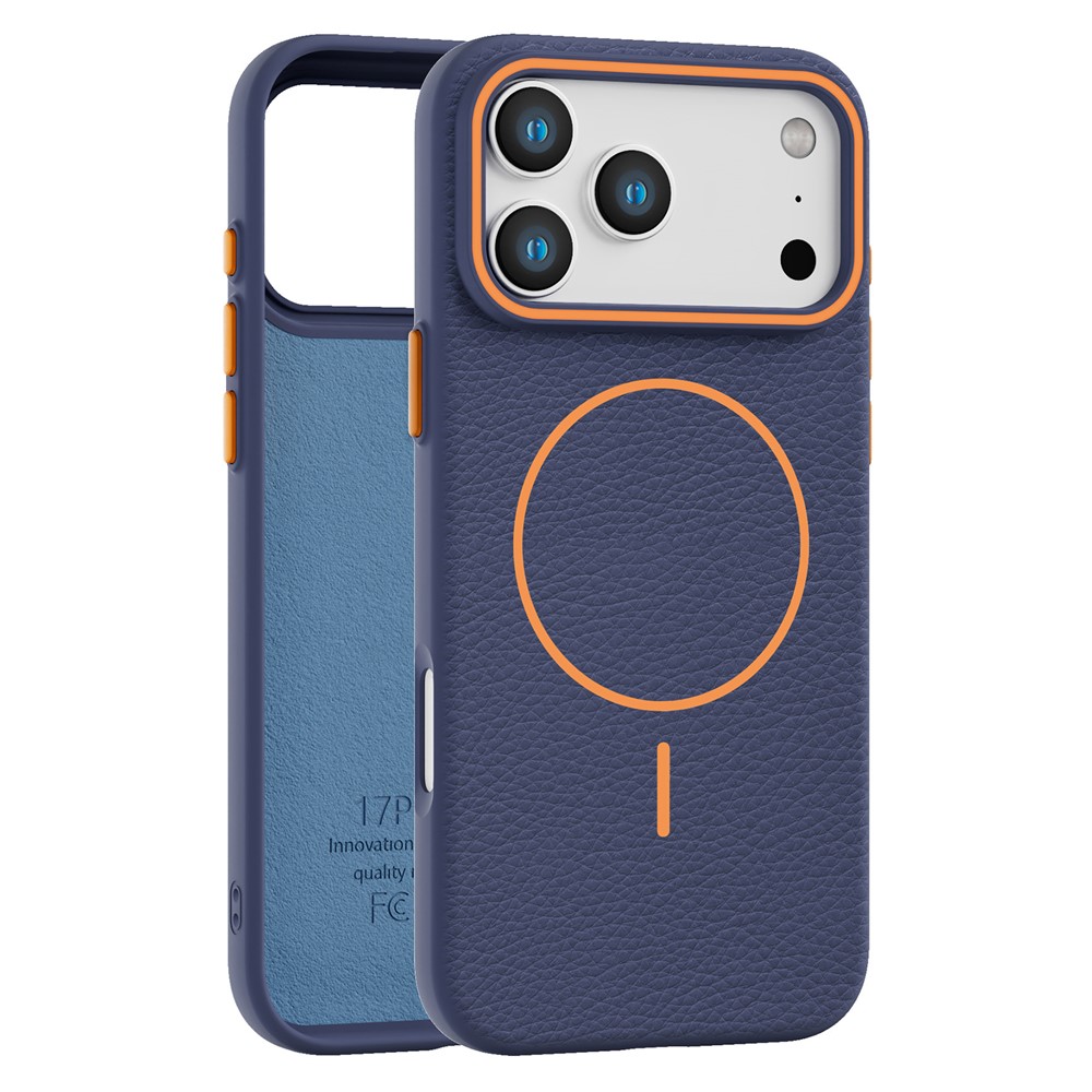 Bulk Purchasing For iPhone 17 Pro Max Case Compatible with MagSafe Litchi Pattern PC TPU Back Cover - Sapphire Blue  /  Orange