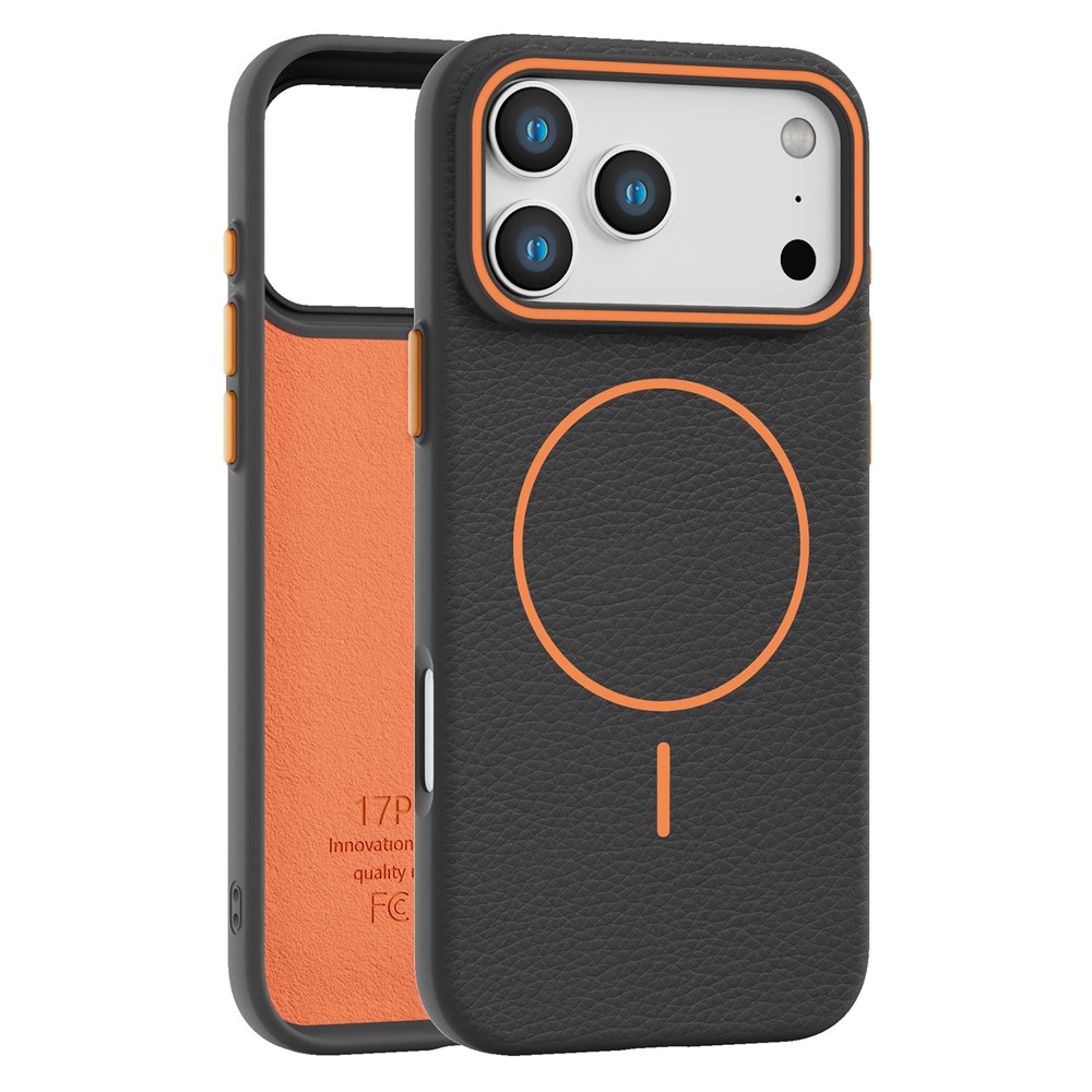 Bulk Purchasing For iPhone 17 Pro Max Case Compatible with MagSafe Litchi Pattern PC TPU Back Cover - Black  /  Orange