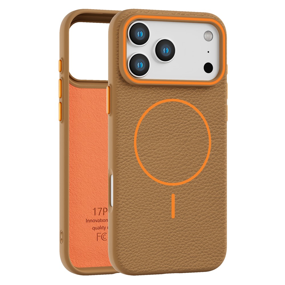 Bulk Purchasing For iPhone 17 Pro Max Case Compatible with MagSafe Litchi Pattern PC TPU Back Cover - Gold / Brown