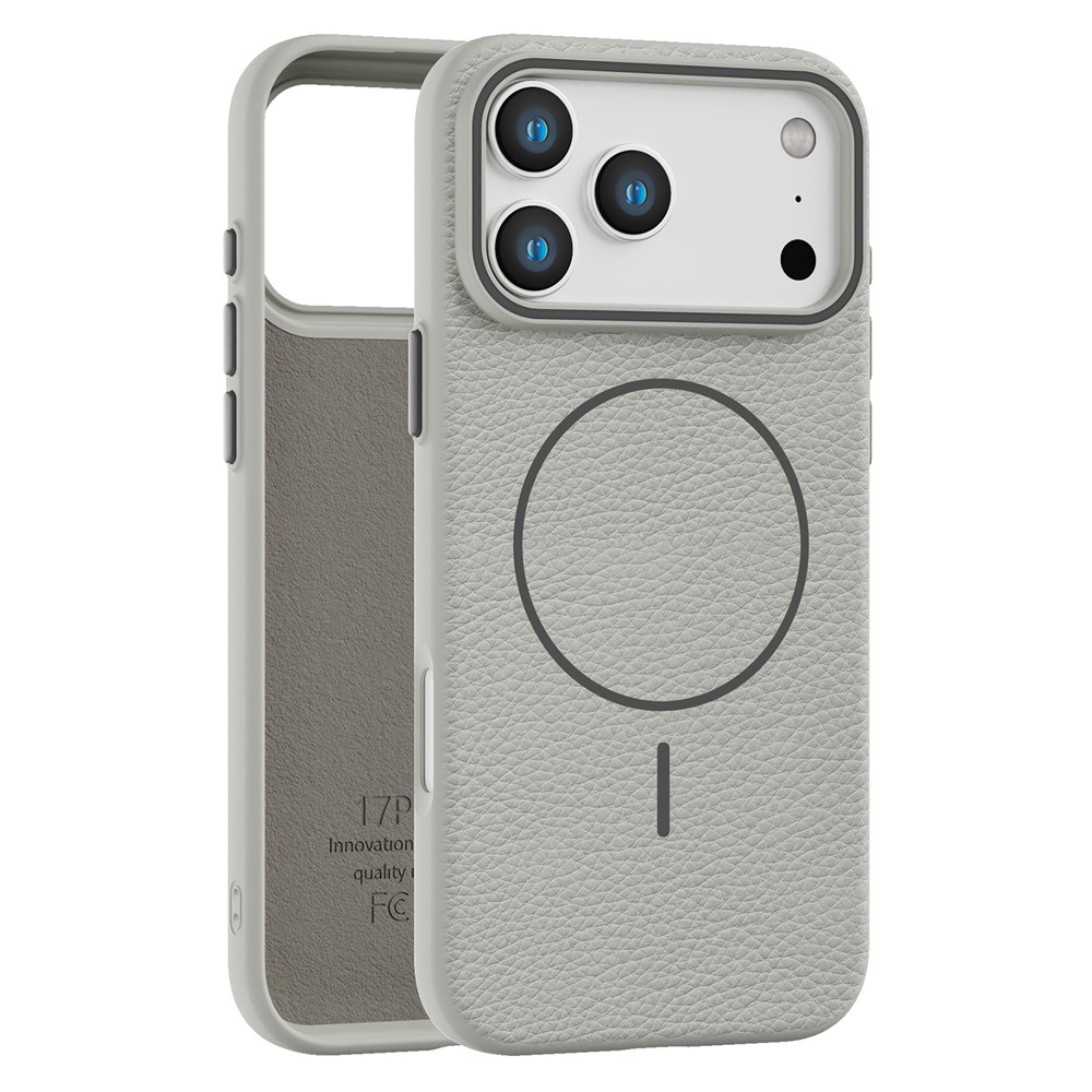Bulk Purchasing For iPhone 17 Pro Max Case Compatible with MagSafe Litchi Pattern PC TPU Back Cover - Titanium Gray