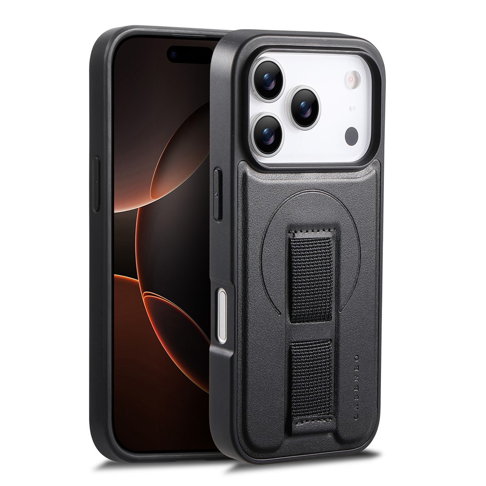 CASENEO For iPhone 17 Pro Max Magnetic Case Wristband PU Leather + PC Shockproof Phone Cover - Black