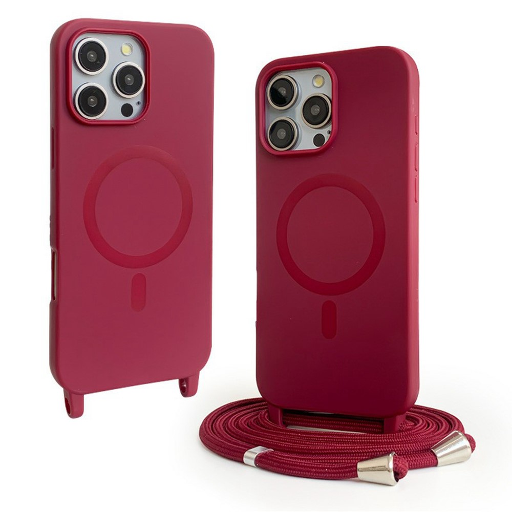 For iPhone 16 Pro Magnetic Case Compatible with MagSafe Soft TPU Phone Cover with Lanyard - Dark Red