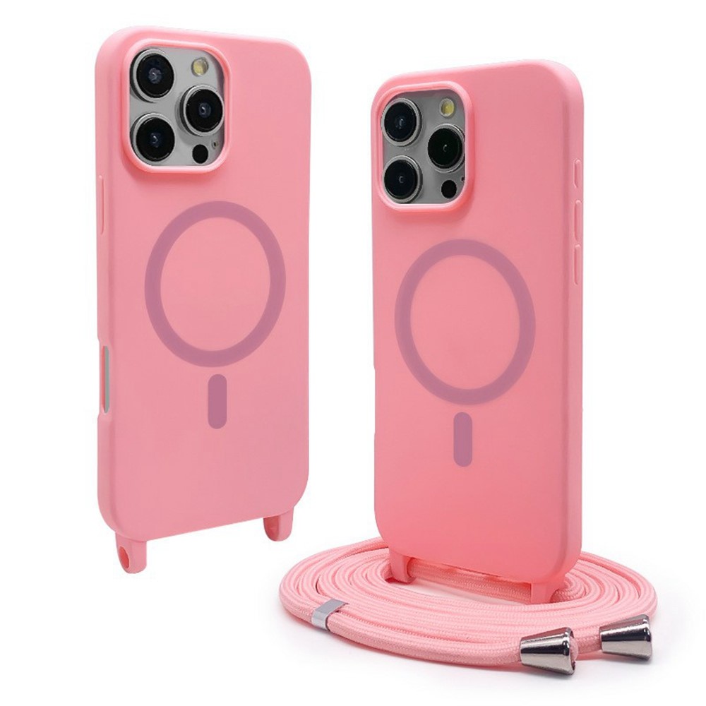 For iPhone 16 Pro Max Magnetic Case Compatible with MagSafe Soft TPU Phone Cover with Lanyard - Pink