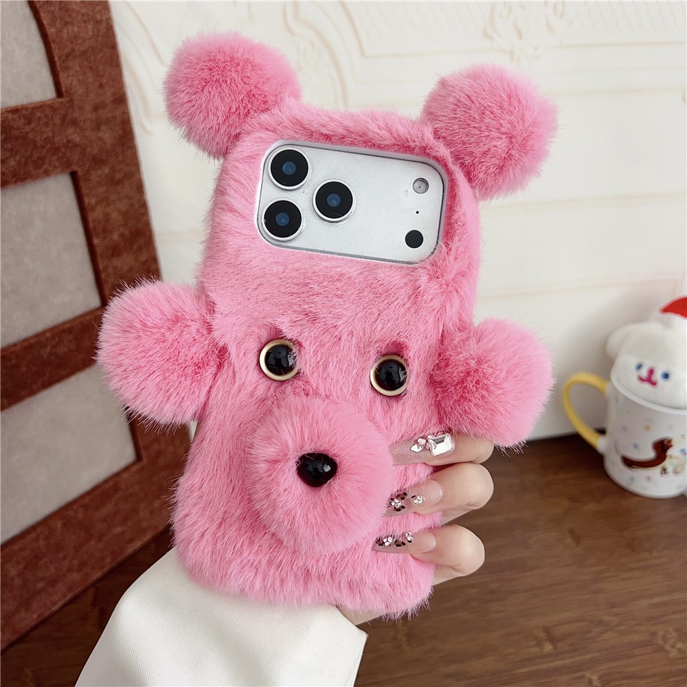 For iPhone 17 Pro Case 3D Bear Faux Fur Fluffy Inner TPU Phone Cover - Pink