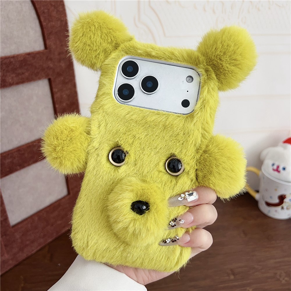 For iPhone 17 Pro Max Case 3D Bear Faux Fur Fluffy Inner TPU Phone Cover - Green