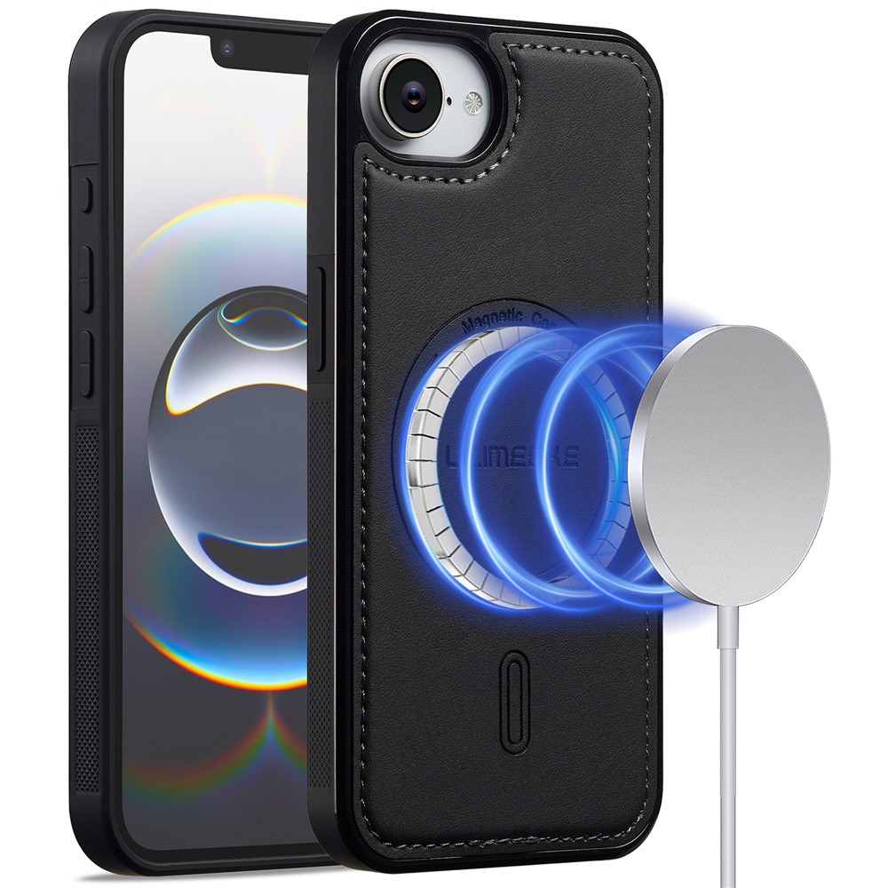 LC.IMEEKE L6 For iPhone 16e Case PU Leather Coated PC TPU Phone Cover Compatible with MagSafe - Black