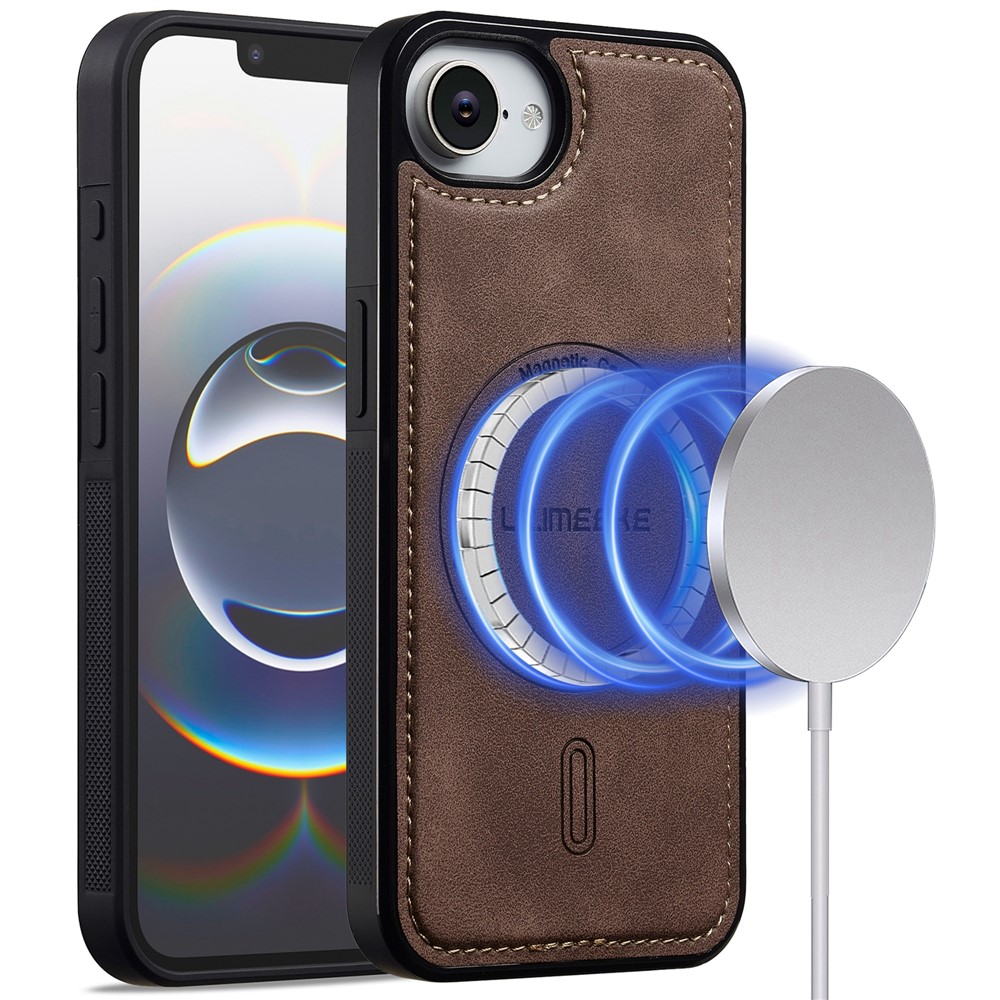 LC.IMEEKE L6 For iPhone 16e Case PU Leather Coated PC TPU Phone Cover Compatible with MagSafe - Coffee