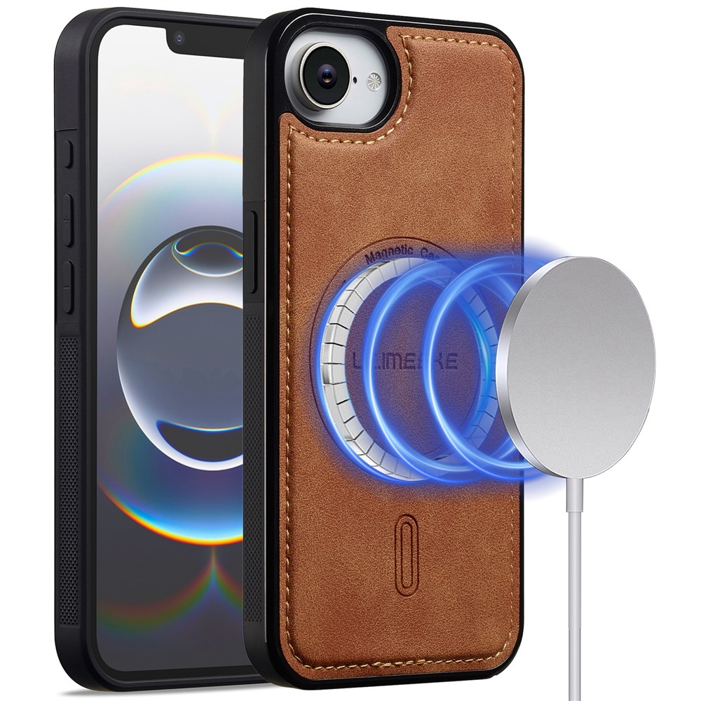 LC.IMEEKE L6 For iPhone 16e Case PU Leather Coated PC TPU Phone Cover Compatible with MagSafe - Brown