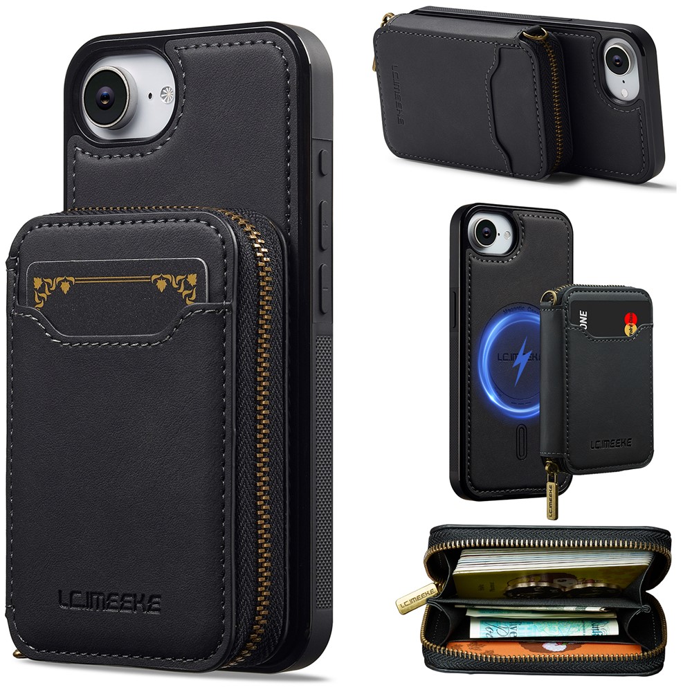 LC.IMEEKE L6 For iPhone 16e Magnetic Case Detachable Zipper Wallet Leather Coated PC + TPU Phone Cover - Black