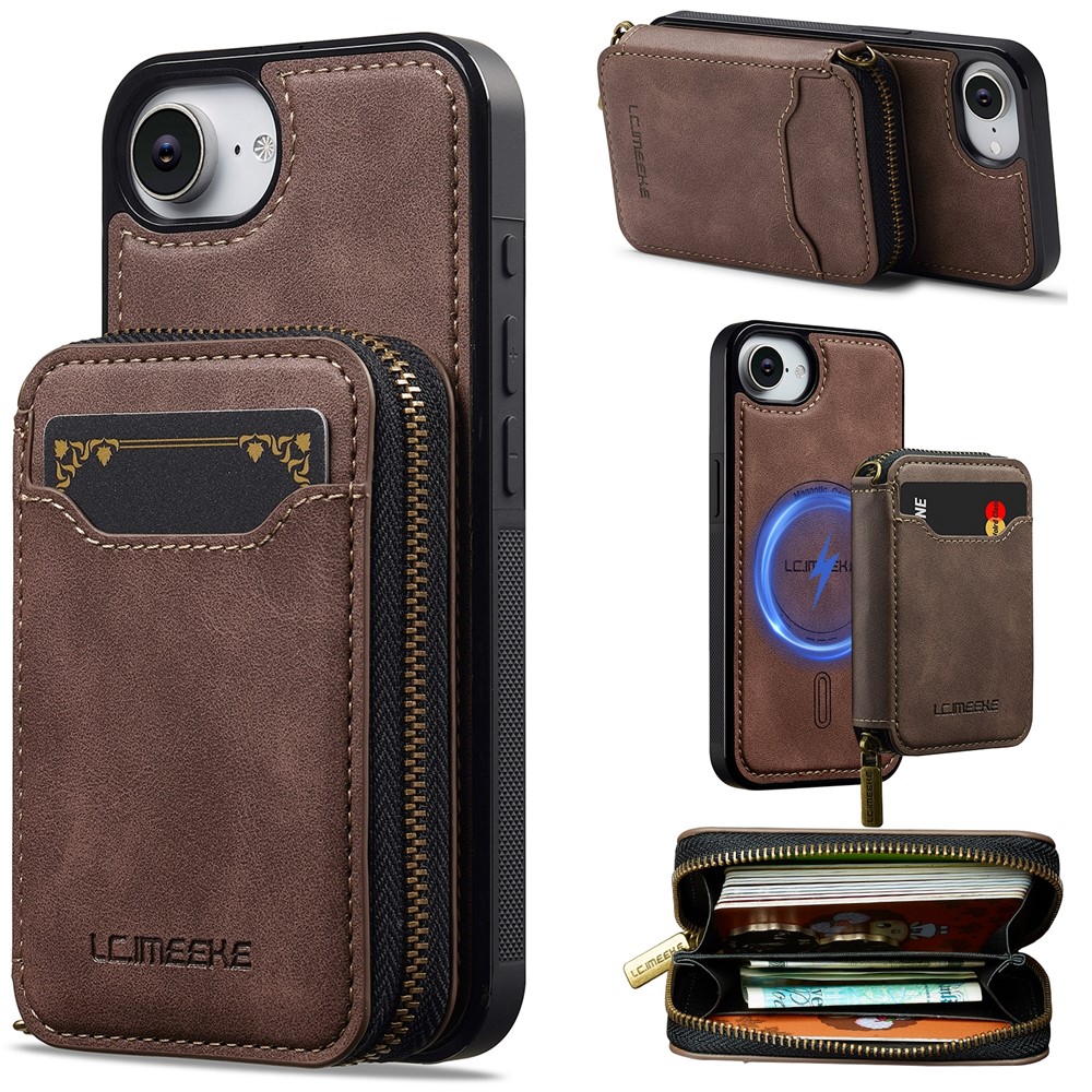 LC.IMEEKE L6 For iPhone 16e Magnetic Case Detachable Zipper Wallet Leather Coated PC + TPU Phone Cover - Coffee