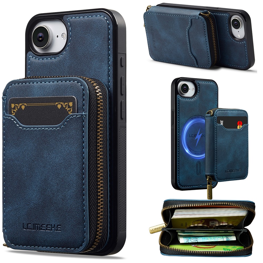 LC.IMEEKE L6 For iPhone 16e Magnetic Case Detachable Zipper Wallet Leather Coated PC + TPU Phone Cover - Blue