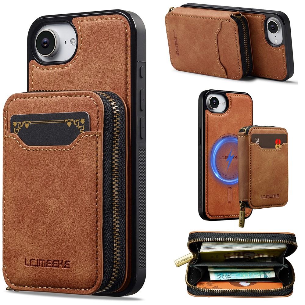 LC.IMEEKE L6 For iPhone 16e Magnetic Case Detachable Zipper Wallet Leather Coated PC + TPU Phone Cover - Brown