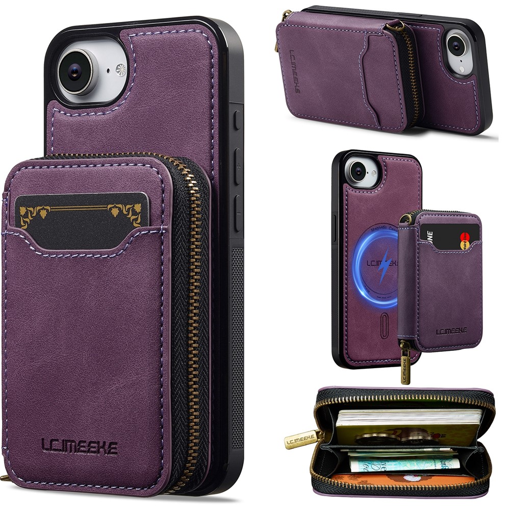 LC.IMEEKE L6 For iPhone 16e Magnetic Case Detachable Zipper Wallet Leather Coated PC + TPU Phone Cover - Purple