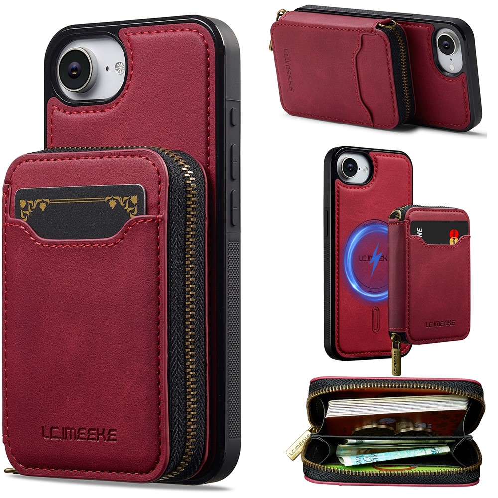 LC.IMEEKE L6 For iPhone 16e Magnetic Case Detachable Zipper Wallet Leather Coated PC + TPU Phone Cover - Red