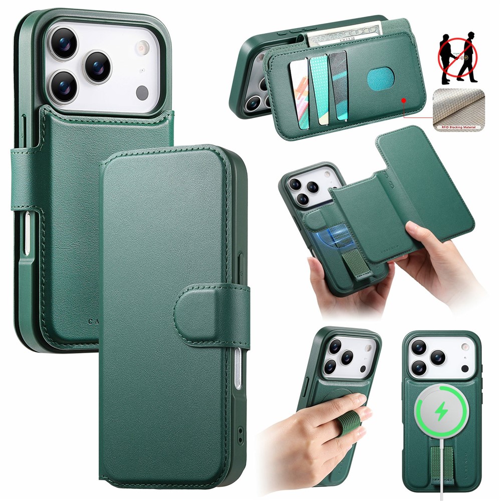 CASENEO For iPhone 17 Pro Max Magnetic Case RFID Blocking Wallet Detachable Leather Phone Cover with Wristband - Green