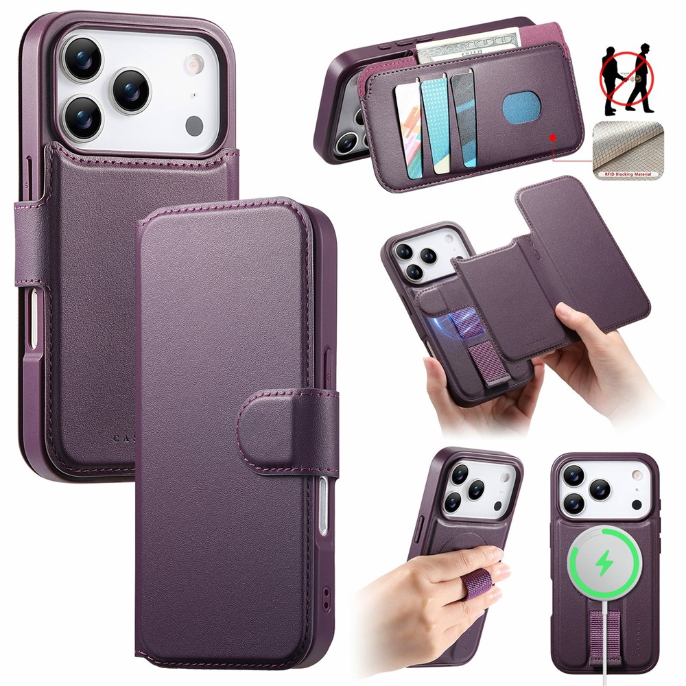 CASENEO For iPhone 17 Pro Max Magnetic Case RFID Blocking Wallet Detachable Leather Phone Cover with Wristband - Purple