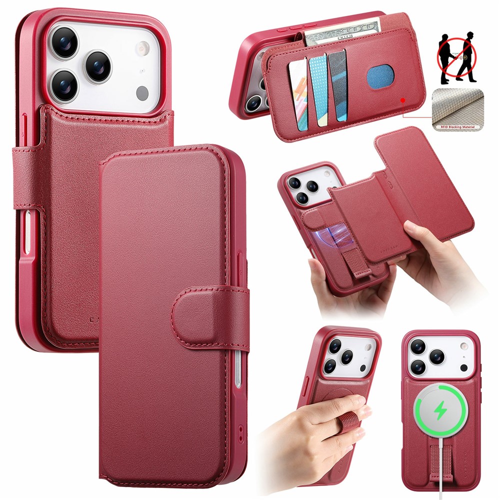 CASENEO For iPhone 17 Pro Max Magnetic Case RFID Blocking Wallet Detachable Leather Phone Cover with Wristband - Red