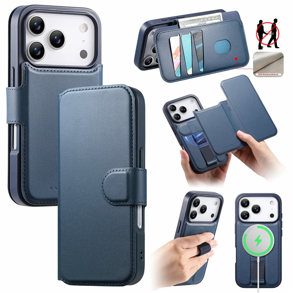 CASENEO For iPhone 17 Pro Max Magnetic Case RFID Blocking Wallet Detachable Leather Phone Cover with Wristband - Blue