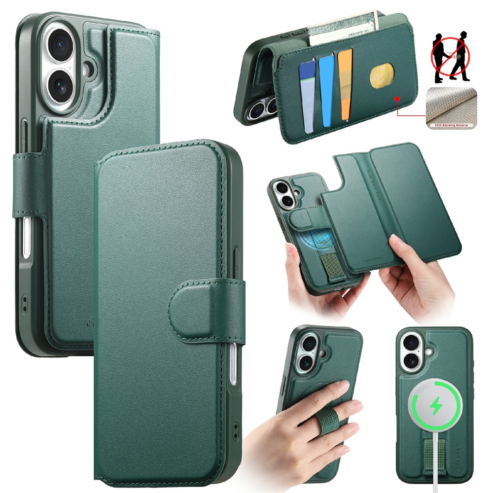 CASENEO For iPhone 17 Magnetic Case RFID Blocking Wallet Detachable Leather Phone Cover with Wristband - Green