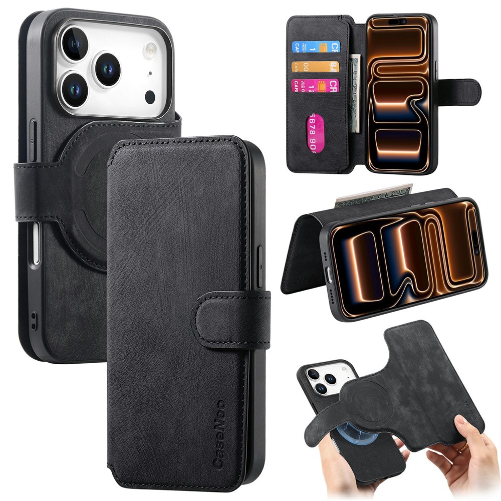 CASENEO MW-03 For iPhone 17 Pro Max Case with Detachable Wallet Leather + TPU Phone Cover - Black