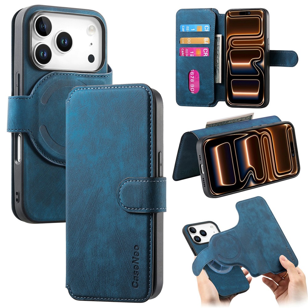 CASENEO MW-03 For iPhone 17 Pro Max Case with Detachable Wallet Leather + TPU Phone Cover - Blue