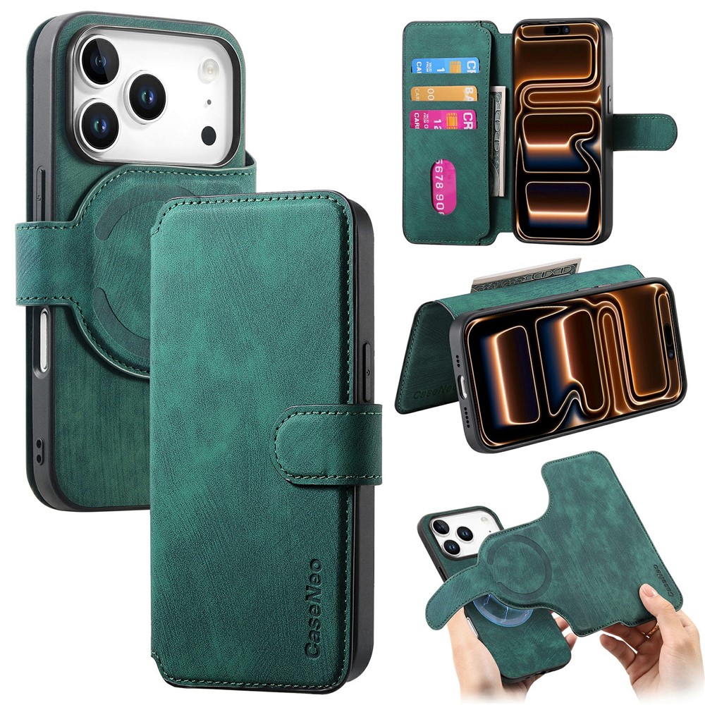 CASENEO MW-03 For iPhone 17 Pro Max Case with Detachable Wallet Leather + TPU Phone Cover - Green